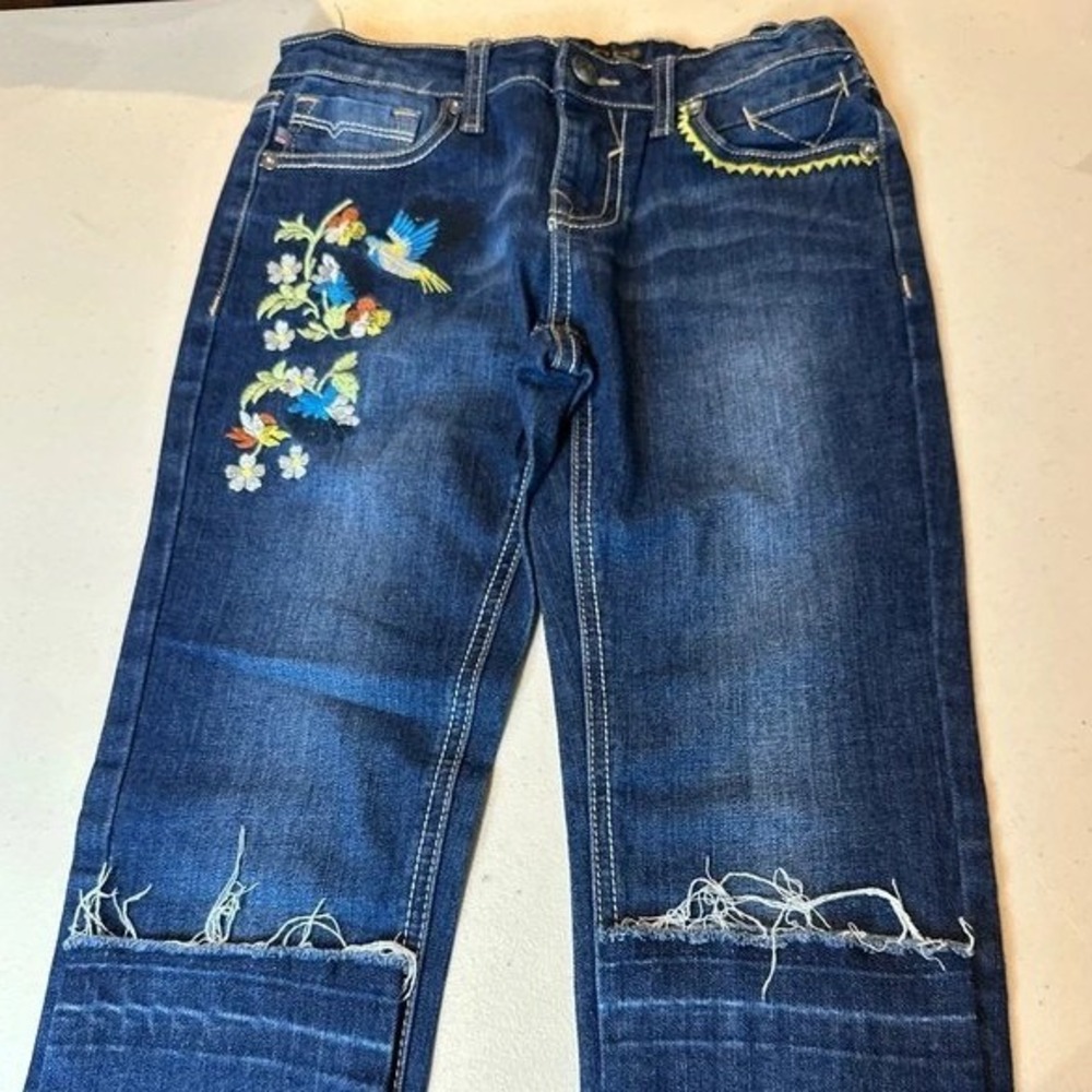 Vigoss Jagger Skinny Jeans Girls 12 Blue Good Embroidered Bird Adjustable Waist